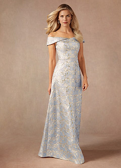 Azazie Maria Mother of the Bride Dresses Dusty Blue A-Line Off the Shoulder Jacquard Dress image3