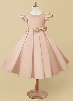 Azazie Jewel Flower Girl Dresses English Rose Ball-Gown Pleated Matte Satin Dress image4