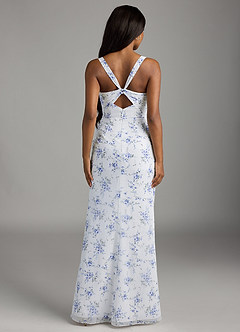 Azazie Mero Bridesmaid Dresses Blue Cottage Floral Sheath Pleated Chiffon Dress image5