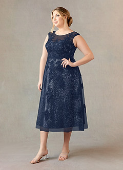 Azazie Flynn Kleider für die Brautmutter A-Linie Bootshals Spitze Tüll Kleid Dunkelmarine image8