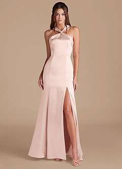 Azazie Rue Bridesmaid Dresses Blushing Pink Mermaid Pleated Metallic Satin Dress image1