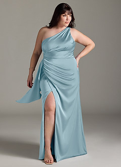 Azazie Maive Bridesmaid Dresses Moody Blue Sheath Ruched Stretch Satin Dress image6