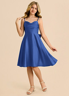 Azazie Bear Junior Robe Trapèze en Satin extensible Encolure en Forme de Cœur Bleu Roi image3