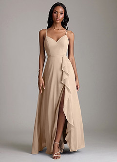 Azazie Naeem Bridesmaid Dresses Taupe A-Line V-Neck Ruffle Chiffon Dress image1