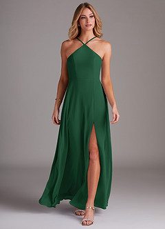Azazie Bailey Vestidos de damas de honor Vestido de Verde Oscuro de Gasa de Corte en A con Halter Abertura lateral image4