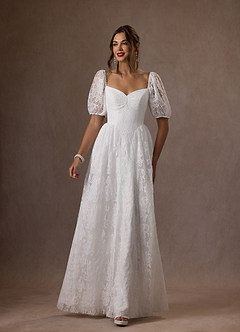 Azazie Britt Vestidos de noiva Vestir Diamante Branco de Renda de Linha A com Decote em coração image3