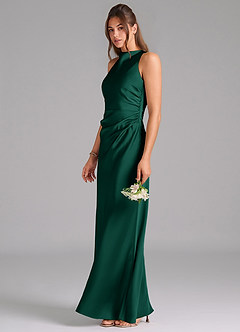 Azazie Evadne Bridesmaid Dresses Emerald Sheath Pleated Stretch Satin Dress image1