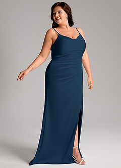Azazie Deandra Bridesmaid Dresses Dark Navy Mermaid Pleated Stretch Satin Dress image11