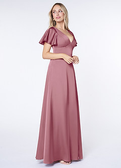 Azazie Lani Bridesmaid Dresses Vintage Mauve A-Line Flounce Sleeve Stretch Satin Dress image4