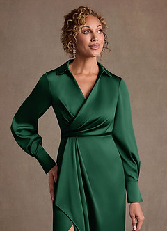 Azazie Jacinta Mother of the Bride Dresses Dark Green Sheath Pleated Stretch Satin Dress image5