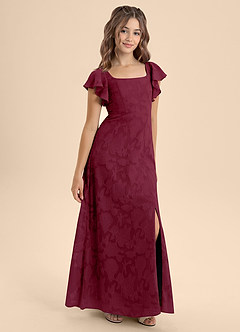 Azazie Bondi Junior Vestido de Borgoña de Devorado Floral de Corte En A con Lazo image6