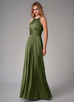 Azazie Bonnie Bridesmaid Dresses Olive A-Line Pleated Stretch Satin Dress image3