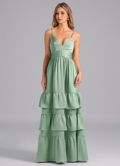 Azazie Nathalia Bridesmaid Dresses Agave A-Line Pleated Stretch Satin Dress image3