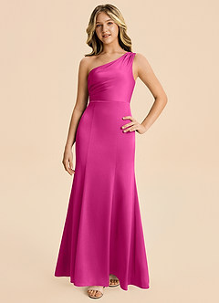 Azazie Ren Junior Fuchsia A-Line Pleated Stretch Satin Dress image4