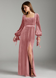 Azazie Leonia Bridesmaid Dresses Dusty Rose A-Line Long Sleeve Velvet Dress image3