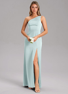 Azazie Feby Bridesmaid Dresses Mist A-Line One Shoulder Stretch Satin Dress image3