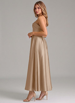 Azazie Lucienne Bridesmaid Dresses Taupe A-Line Pleated Stretch Satin Dress image3