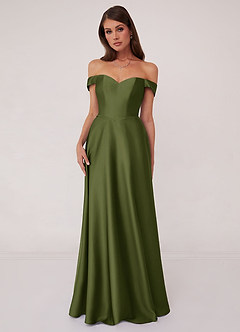 Barbie ♥ Azazie Bridesmaid Dresses Olive A-Line Off the Shoulder Stretch Satin Convertible Dress image1