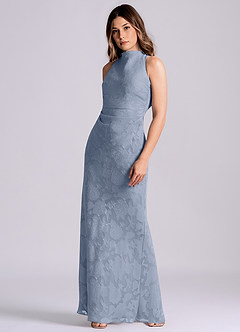 Azazie Evadne Final Sale Dusty Blue Sheath Pleated Floral Burnout Dress image4