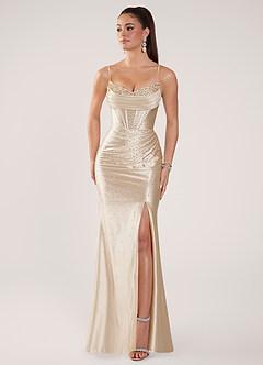 Nogolla Champagne Beading Rhinestone Stretch Satin Prom Dress image5