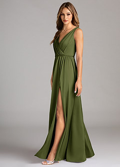 Azazie Tanicia Robes de demoiselle d'honneur Robe Trapèze en Satin extensible Plissée Olive image5