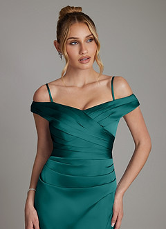 Azazie Teyana Bridesmaid Dresses Peacock Sheath Off the Shoulder Stretch Satin Dress image3