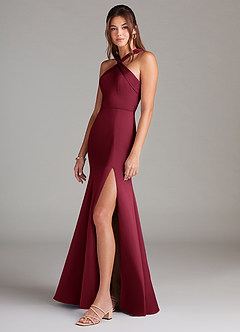 Azazie Rue Bridesmaid Dresses Burgundy Mermaid Pleated Stretch Satin Dress image5