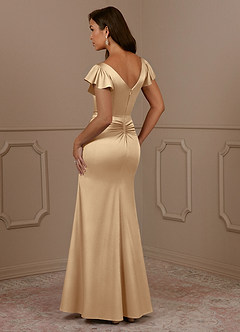 Azazie Roya Mother of the Bride Dresses Champagne Mermaid V-Neck Pleated Stretch Satin Dress image3