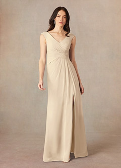 Azazie Sally Mother of the Bride Dresses Champagne A-Line V-Neck Pleated Chiffon Dress image1