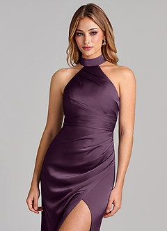 Azazie Karlotta Vestidos de damas de honor Vestido de Ciruela de Satén Elástico de Corte Recto con Plisado image6