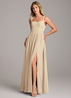Azazie Rosaline Bridesmaid Dresses Champagne A-Line Side Slit Chiffon Dress image3