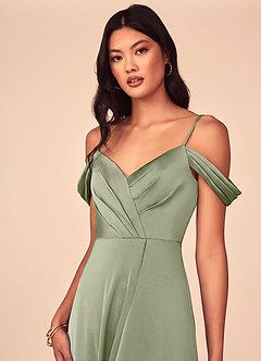 Azazie Ocean At-home Try On Dresses Rosette A-Line V-Neck Pleated Stretch Satin Dress image2