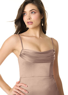 Azazie Liv Bridesmaid Dresses Taupe Sheath Off the Shoulder Metallic Satin Convertible Dress image2
