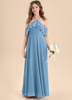 Azazie Tessabelle Junior Vestido de Azul Acero de Gasa de Corte En A con Vestidos sin tirantes image4