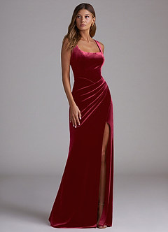 Azazie Mero Bridesmaid Dresses Burgundy Sheath Pleated Velvet Dress image4