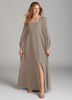 Azazie Leonia Junior Taupe A-Line with Pockets Chiffon Dress image1
