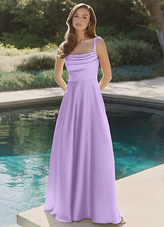 Azazie Shaude Vestidos de damas de honor Vestido de Lila de Satén Elástico de Corte en A con Plisado image4