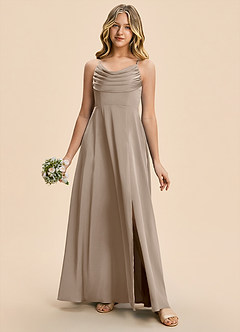 Azazie Gia Junior Taupe A-Line Pleated Stretch Satin Dress image3