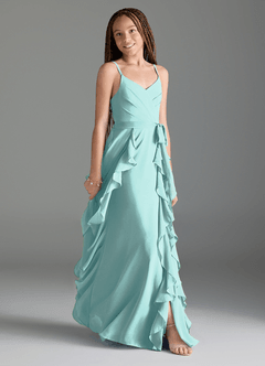 Azazie Peyton Junior Aqua A-Line V-Neck Cascading Ruffles Chiffon Dress image3