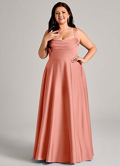 Azazie Shaude Bridesmaid Dresses Coral A-Line Pleated Stretch Satin Dress image8