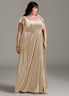 Azazie Bondi Bridesmaid Dresses Champagne A-Line Side Slit Velvet Dress image9
