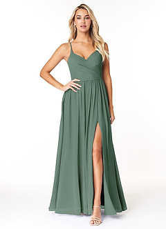 Azazie Dominic Brautjungfernkleider A-Linie V-Hals Gefaltet Chiffon Kleid Eukalyptus image1