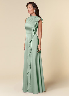 Azazie Narine Mother of the Bride Dresses Agave A-Line High Neckline Pleated Stretch Satin Dress image2