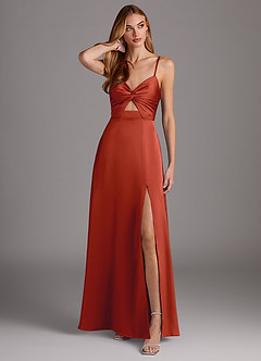 Azazie Jenna Robes de demoiselle d'honneur Robe Trapèze en Satin extensible Plissée Rouille image1