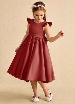 Azazie Dumpling Flower Girl Dresses Terracotta A-Line Bow Matte Satin Dress image3