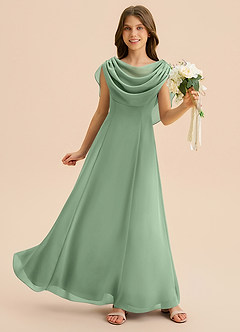 Azazie Lambie Junior Abito A-Line in Chiffon Plissettato Matcha image3