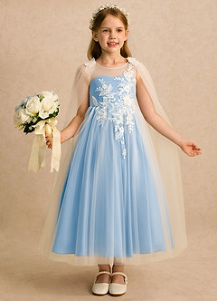 Azazie Amina Flower Girl Dresses Ivory Powder Blue A-Line Lace Tulle Dress image3