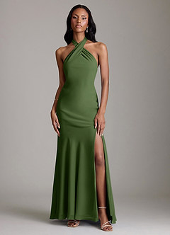 Azazie Lorena Vestidos de damas de honor Vestido de Oliva de Gasa de Corte Sirena con Plisado image1