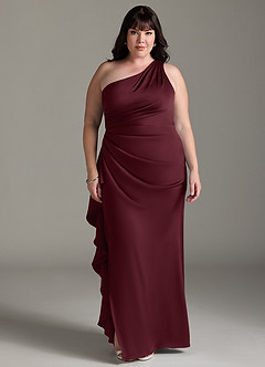 Azazie Latrice Vestidos de damas de honor Vestido de Cabernet de Satén Elástico de Corte Recto con Volantes en cascada Un hombro image6