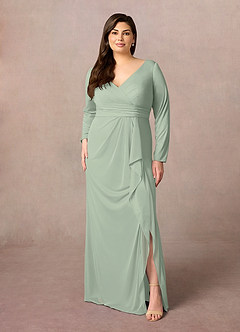 Azazie Risa Mother of the Bride Dresses Dusty Sage Mermaid V-Neck Pleated Mesh Dress image6